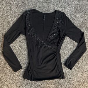 Tee Shop Crossed V-neck Jeweled Long Sleeve Top Blouse Shirt X-Large (XL) Black